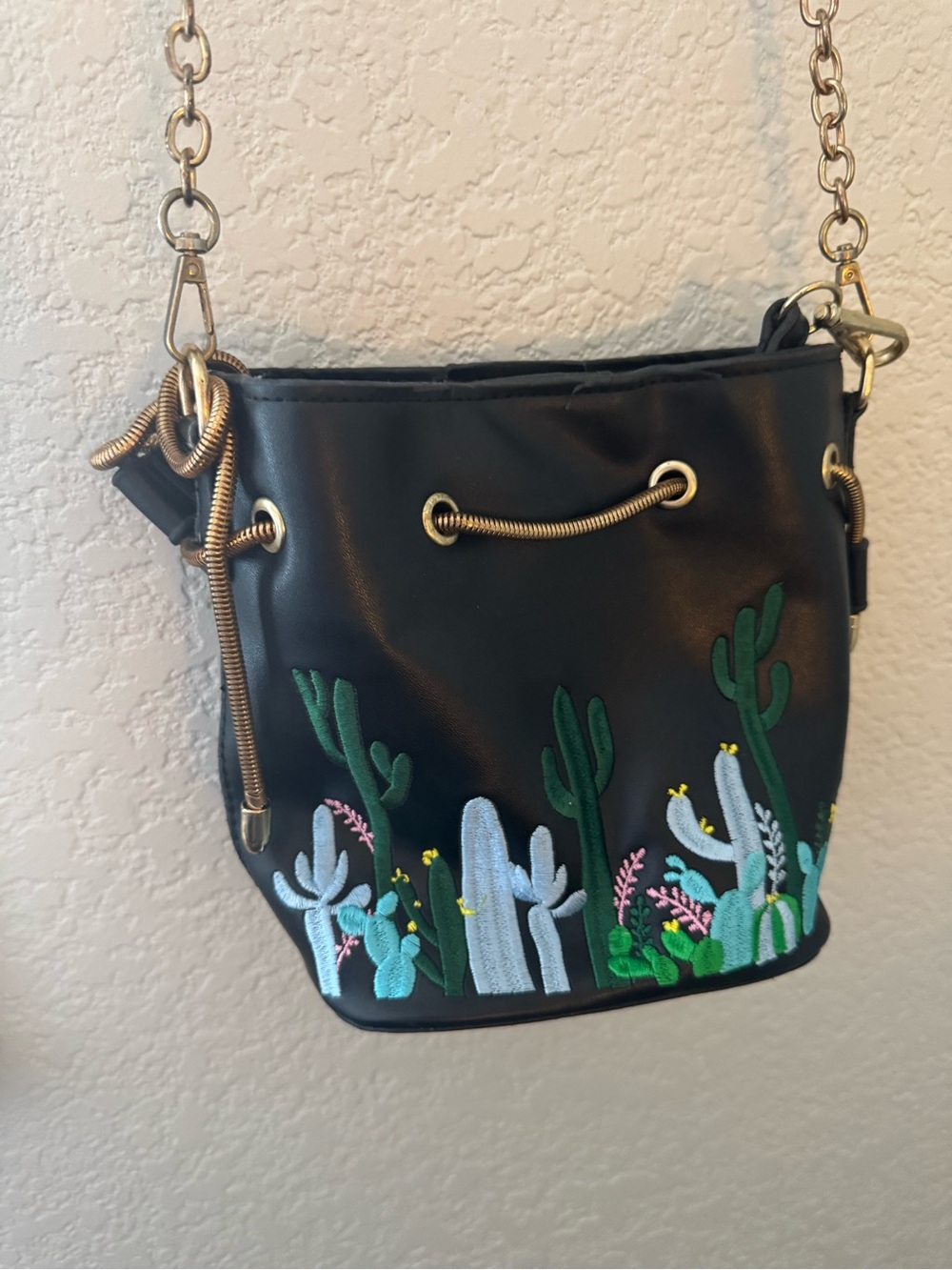 Black Embroidered Cactus Bucket Bag
